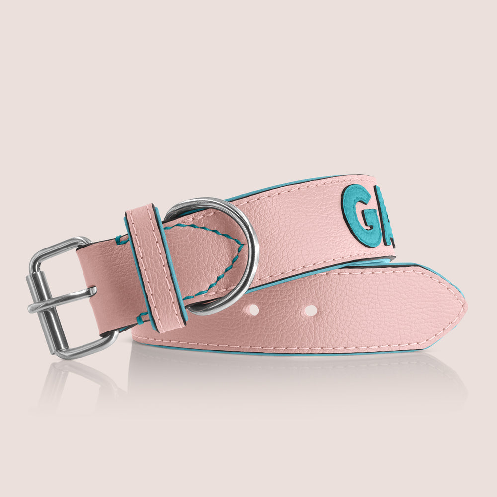 TONERL – Hundehalsband mit Namen aus Leder in Rosé - Türkis