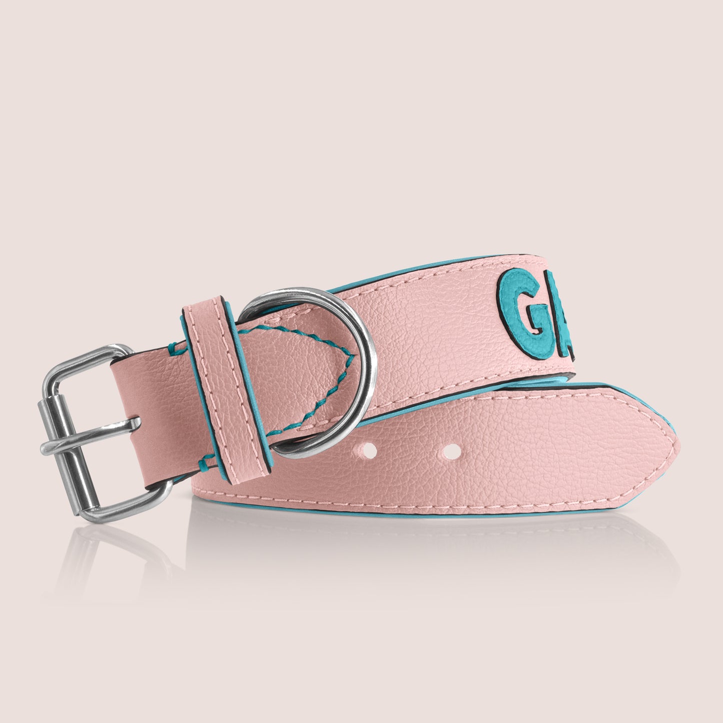 TONERL – Hundehalsband mit Namen aus Leder in Rosé - Türkis