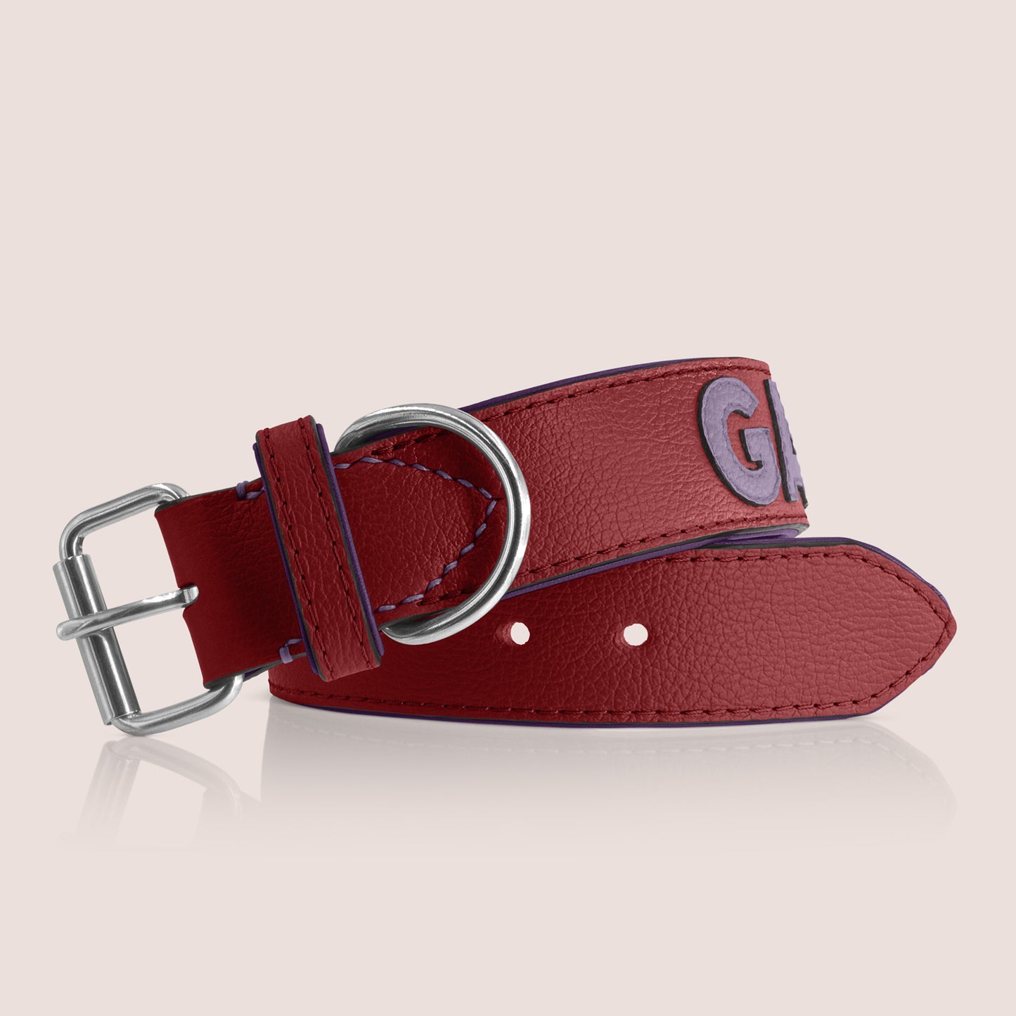TONERL – Hundehalsband mit Namen aus Leder in Rubinrot - Soft-Pink