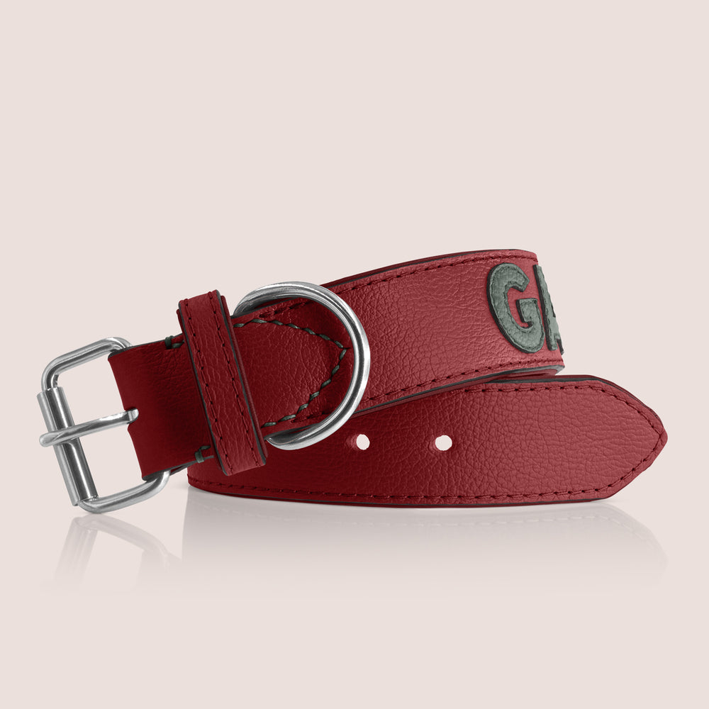 TONERL – Hundehalsband mit Namen aus Leder in Rubinrot - British-Racing-Green
