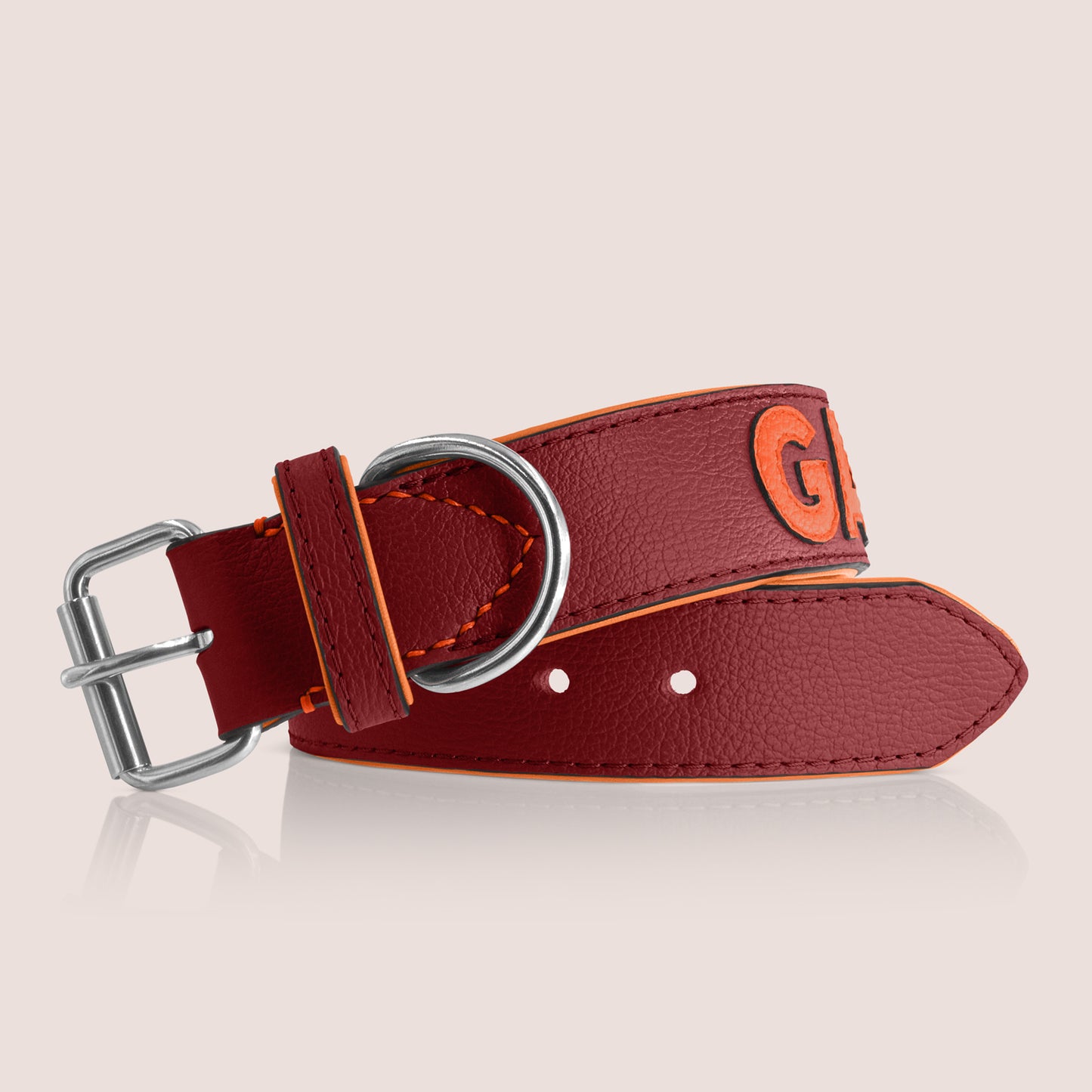TONERL – Hundehalsband mit Namen aus Leder in Rubinrot - Orange