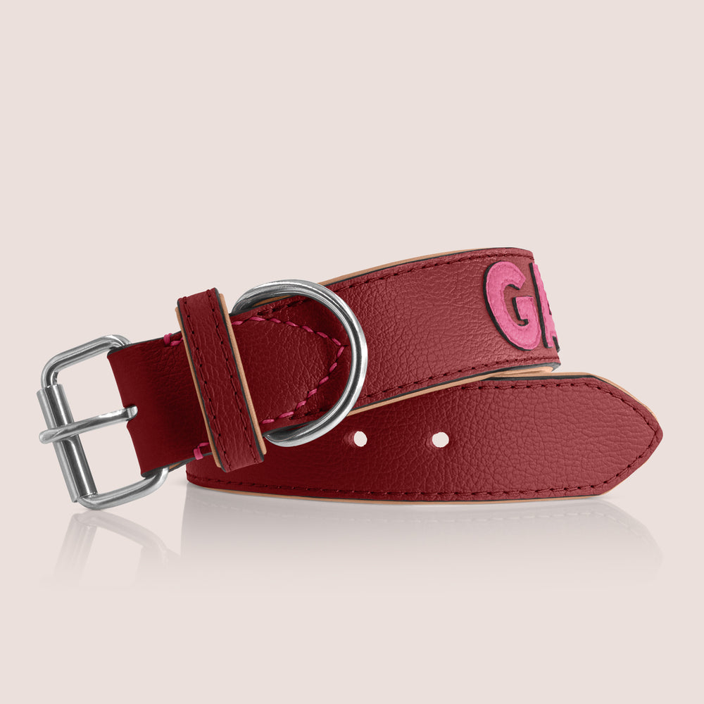 TONERL – Hundehalsband mit Namen aus Leder in Rubinrot - Soft-Pink