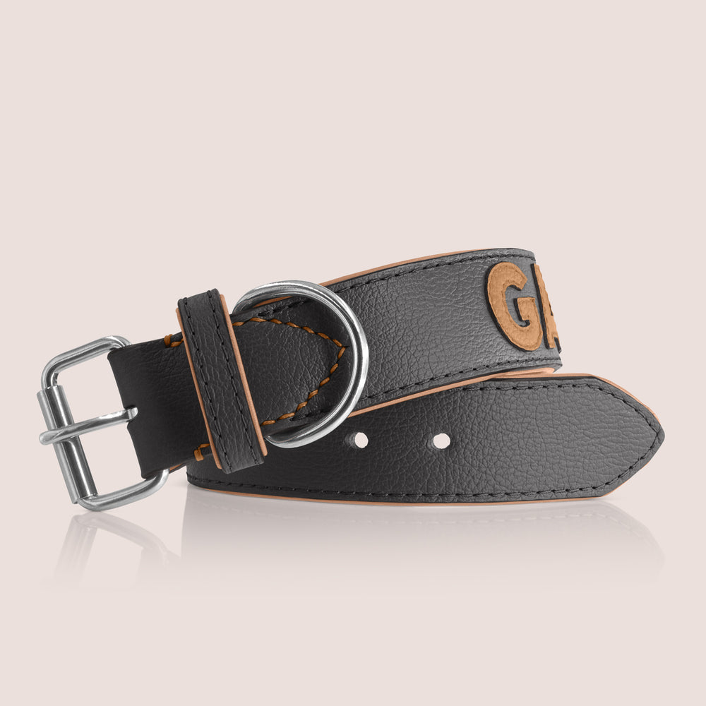 TONERL – Hundehalsband mit Namen aus Leder in Schwarz - Caramel