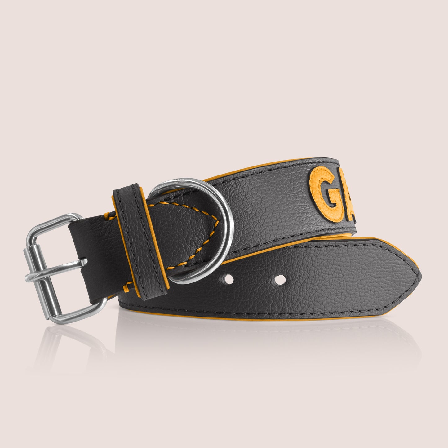 TONERL – Hundehalsband mit Namen aus Leder in Schwarz - Gelb