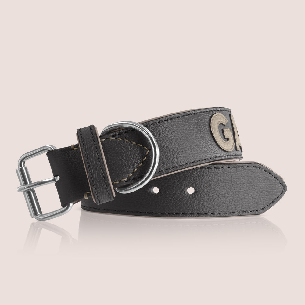 TONERL – Hundehalsband mit Namen aus Leder in Schwarz - Lehm