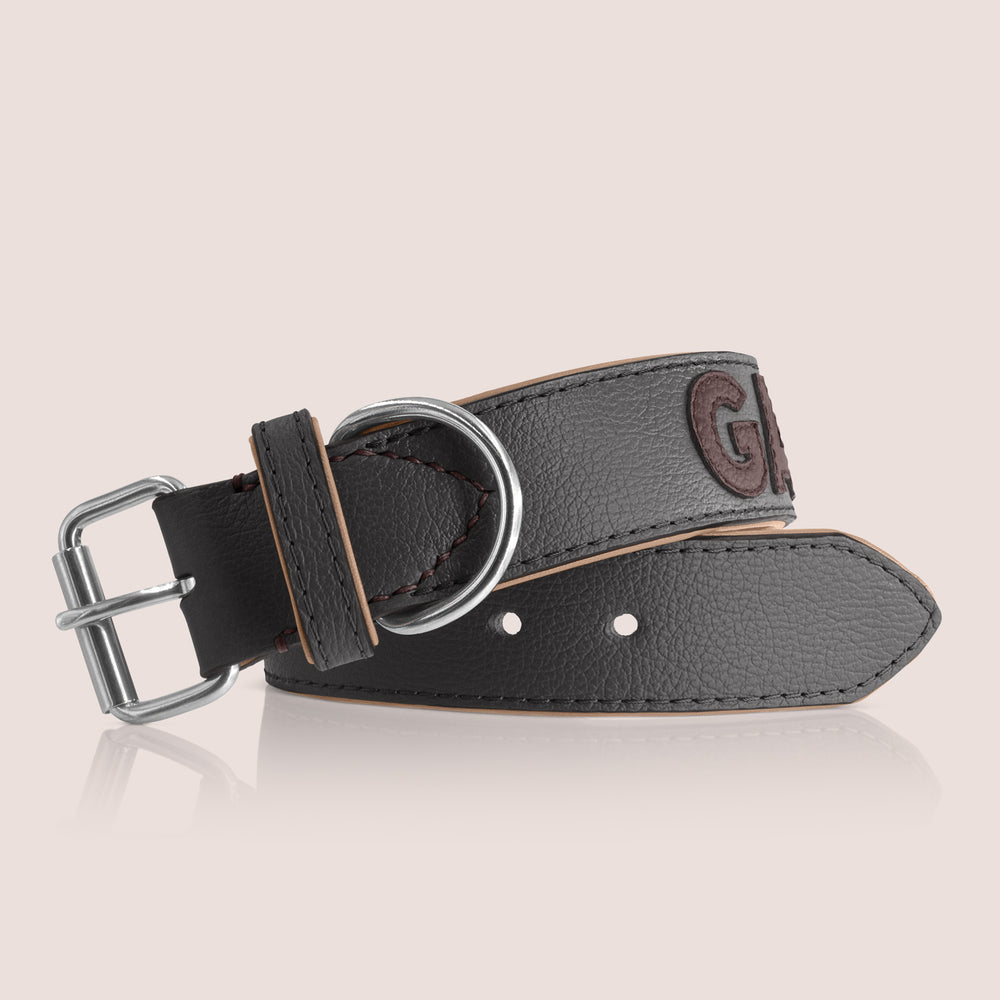 TONERL – Hundehalsband mit Namen aus Leder in Schwarz - Marron