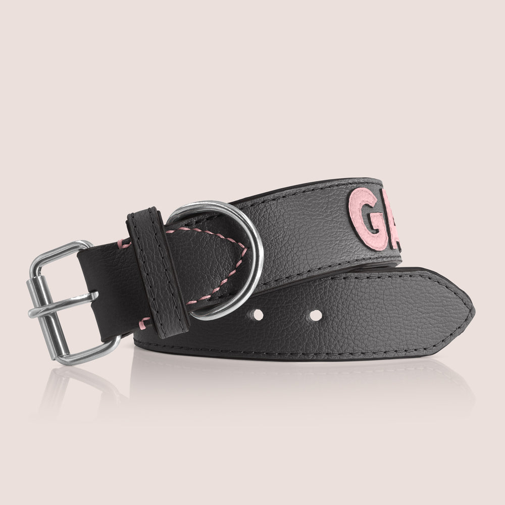 TONERL – Hundehalsband mit Namen aus Leder in Schwarz - Rosé