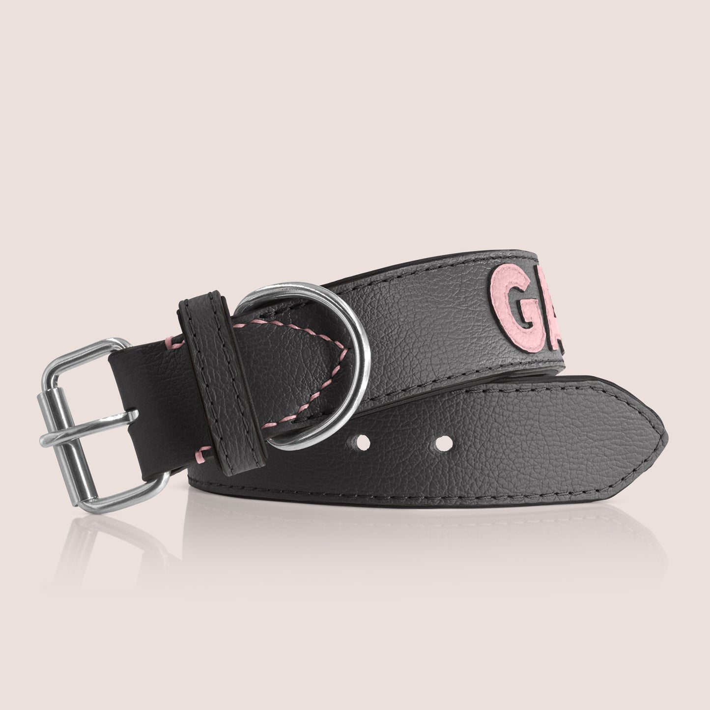 TONERL – Hundehalsband mit Namen aus Leder in Schwarz - Rosé