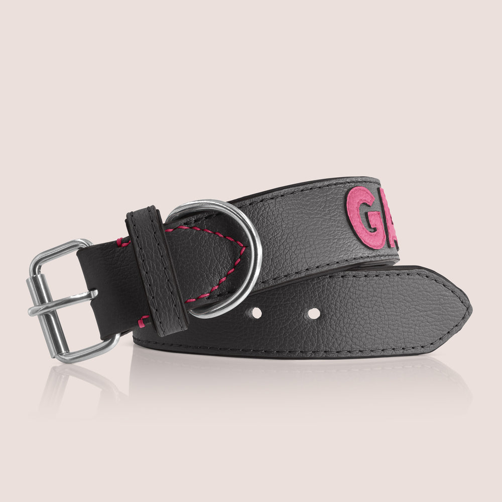 TONERL – Hundehalsband mit Namen aus Leder in Schwarz - Soft-Pink