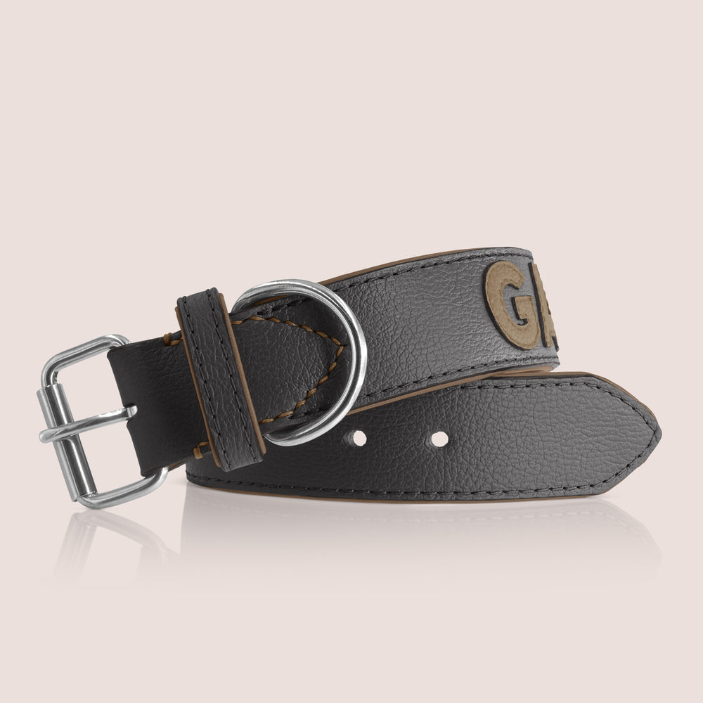 TONERL – Hundehalsband mit Namen aus Leder in Schwarz - Taupe
