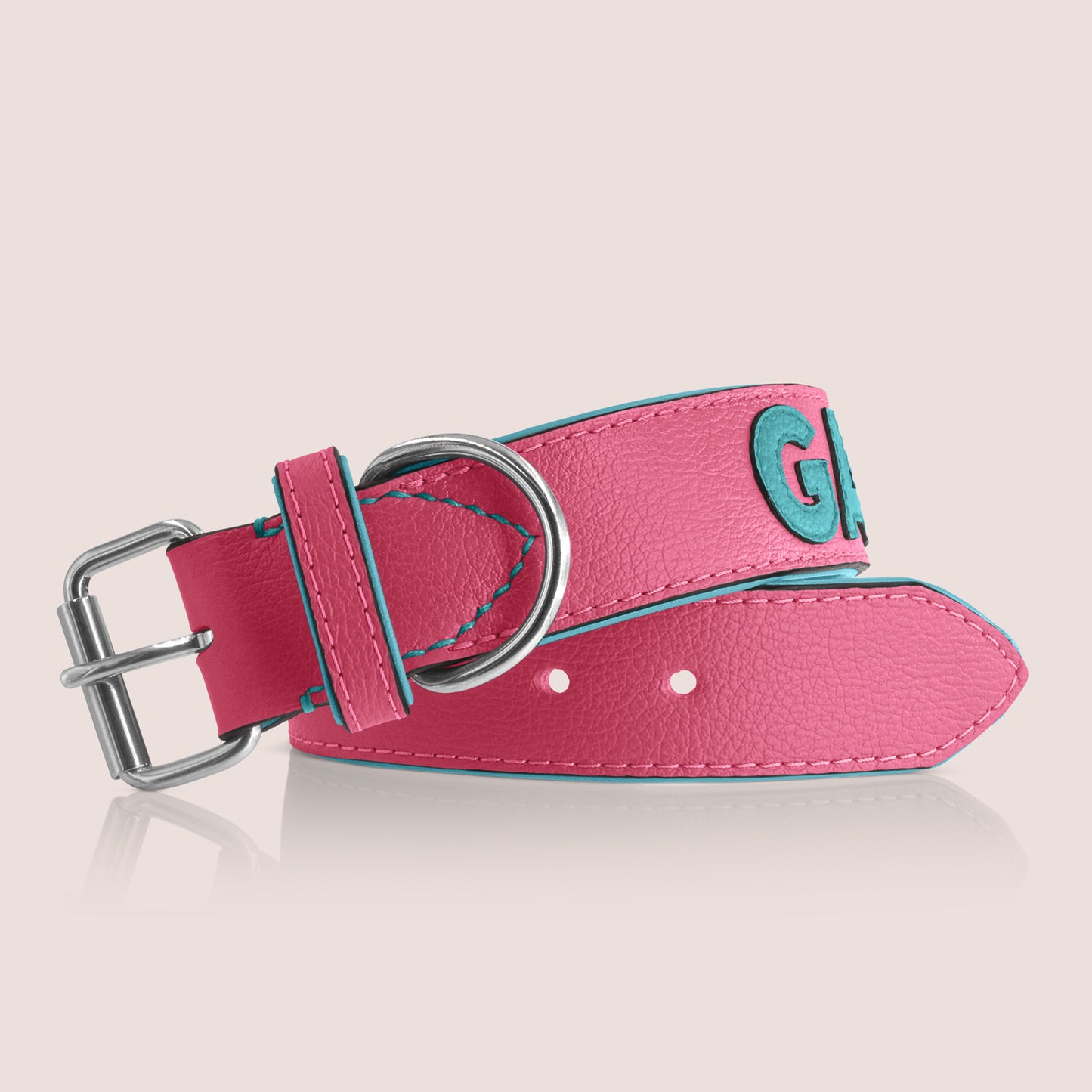 TONERL – Hundehalsband mit Namen aus Leder in Soft-Pink - Türkis