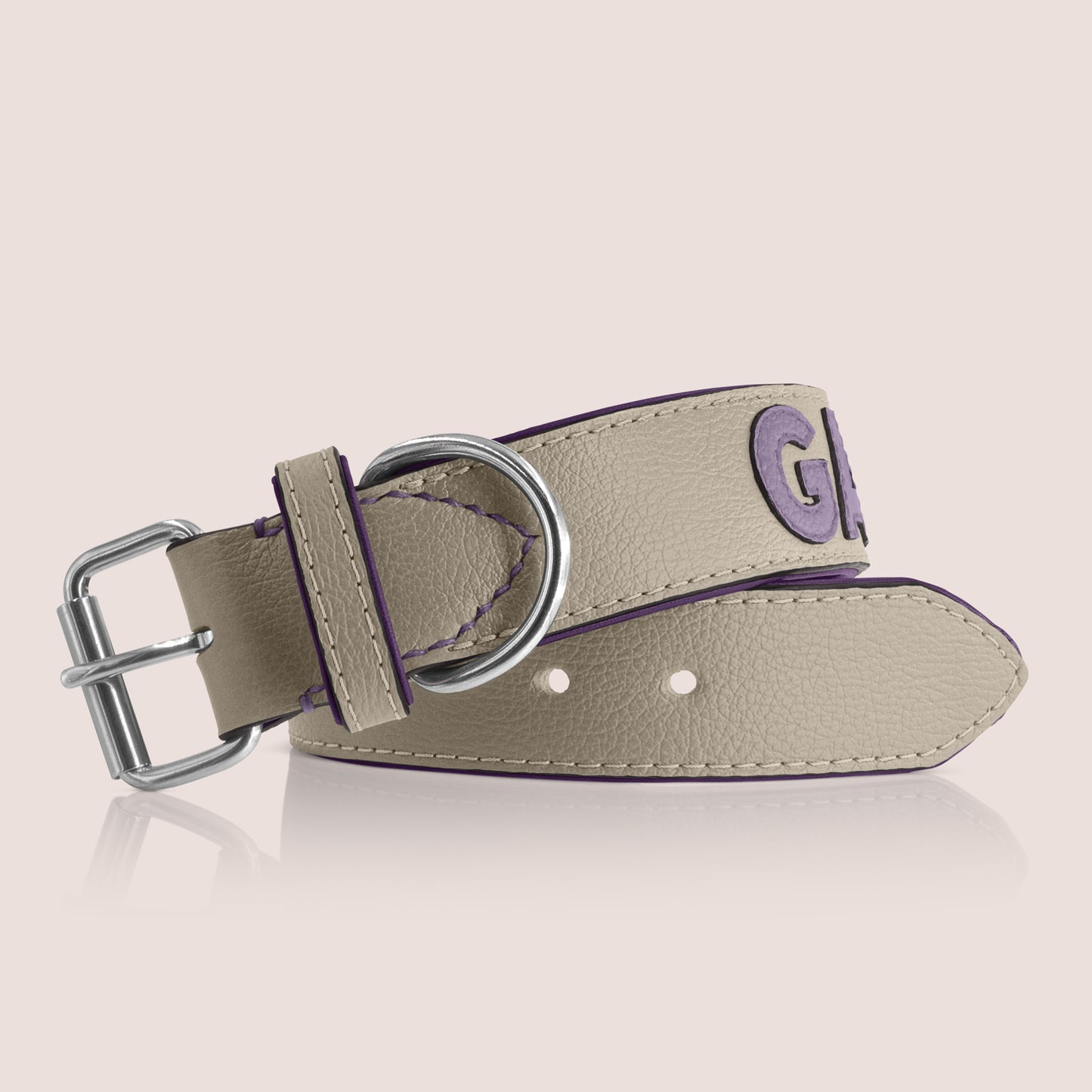 TONERL – Hundehalsband mit Namen aus Leder in Stone - Flieder