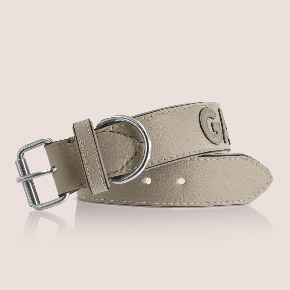 TONERL – Hundehalsband mit Namen aus Leder in Stone - Lehm