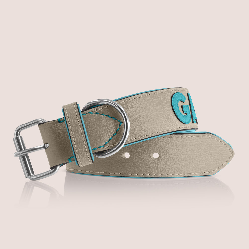 TONERL – Hundehalsband mit Namen aus Leder in Stone - Türkis