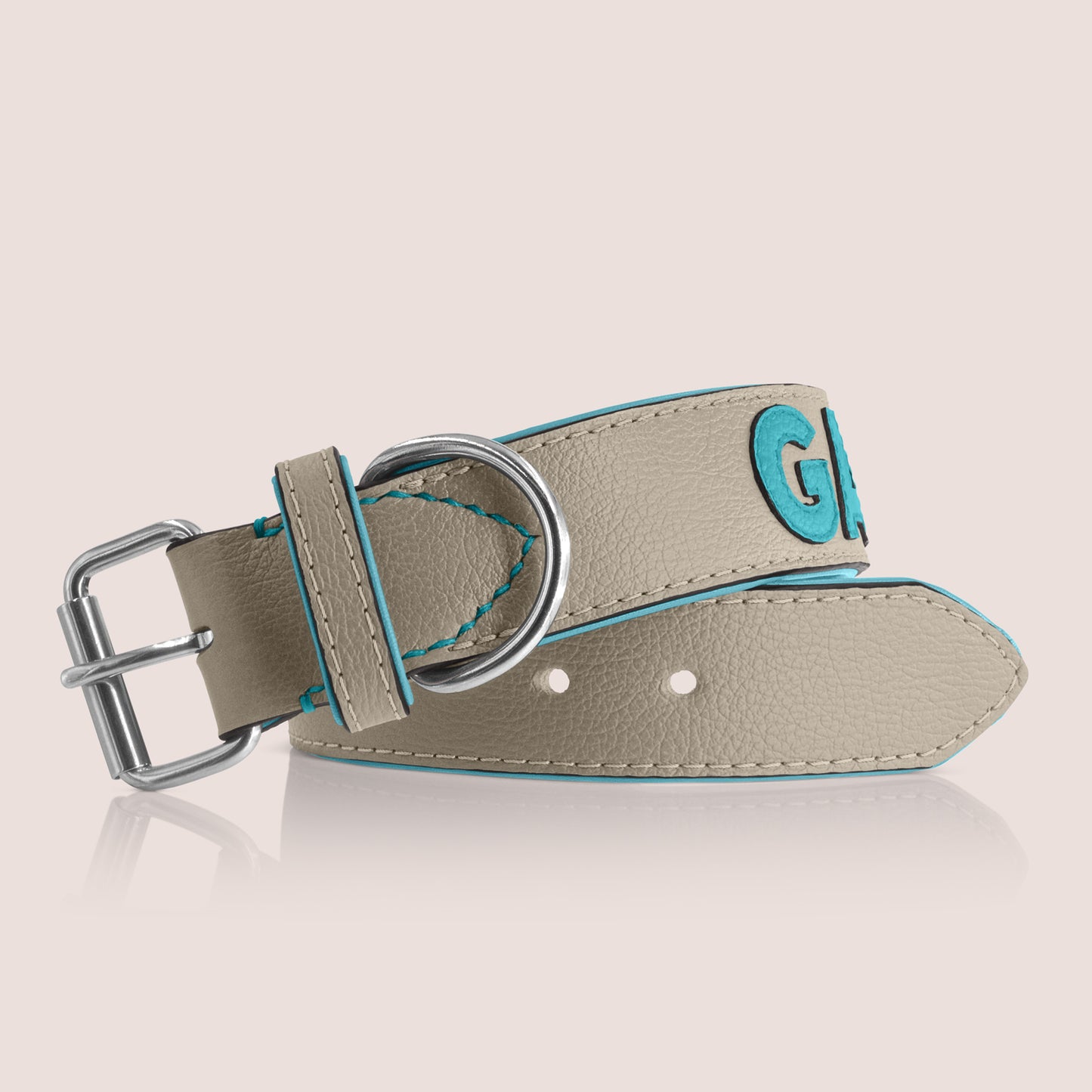TONERL – Hundehalsband mit Namen aus Leder in Stone - Türkis