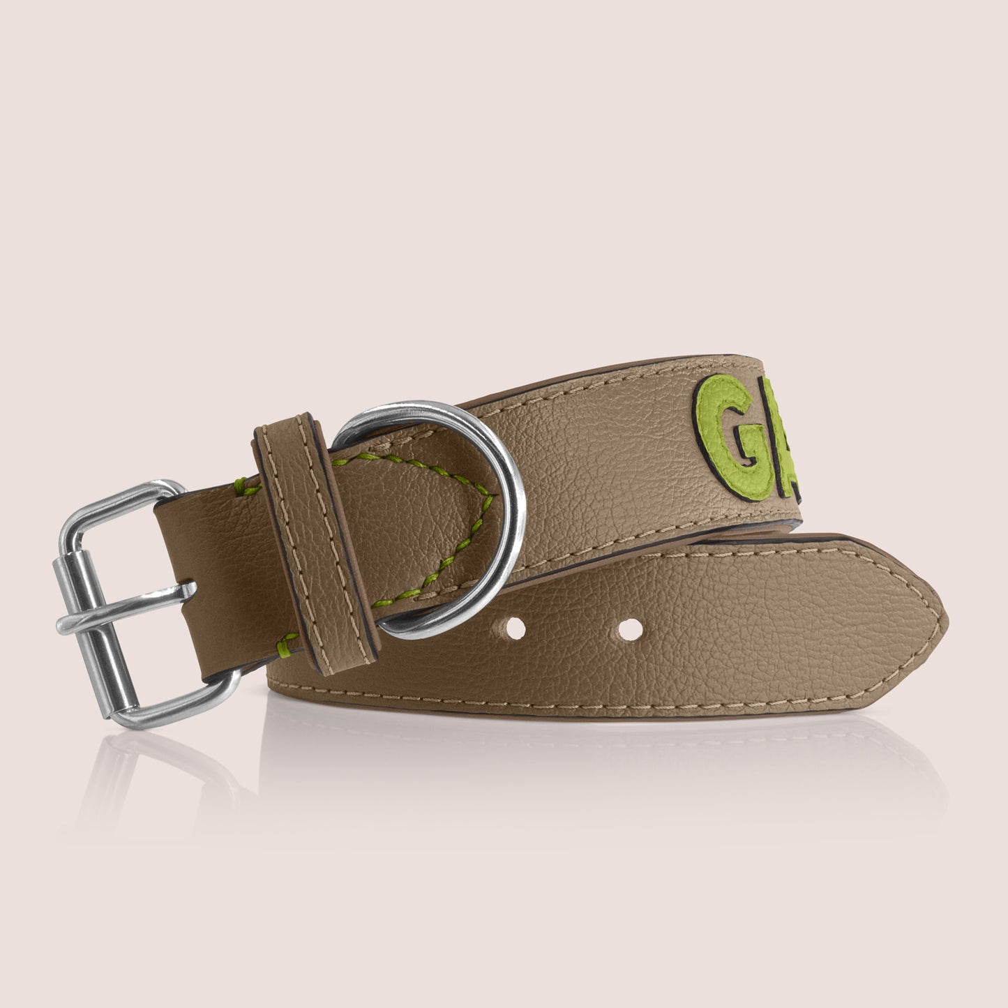 TONERL – Hundehalsband mit Namen aus Leder in Taupe - Apfelgrün