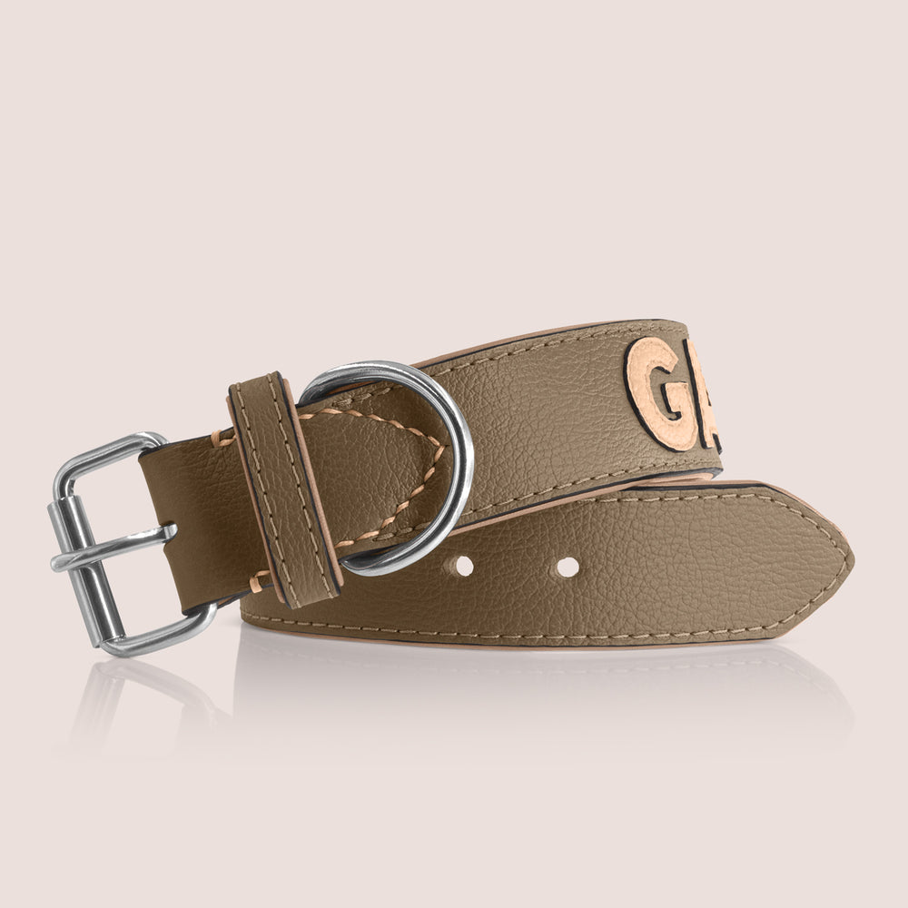 TONERL – Hundehalsband mit Namen aus Leder in Taupe - Biscuit
