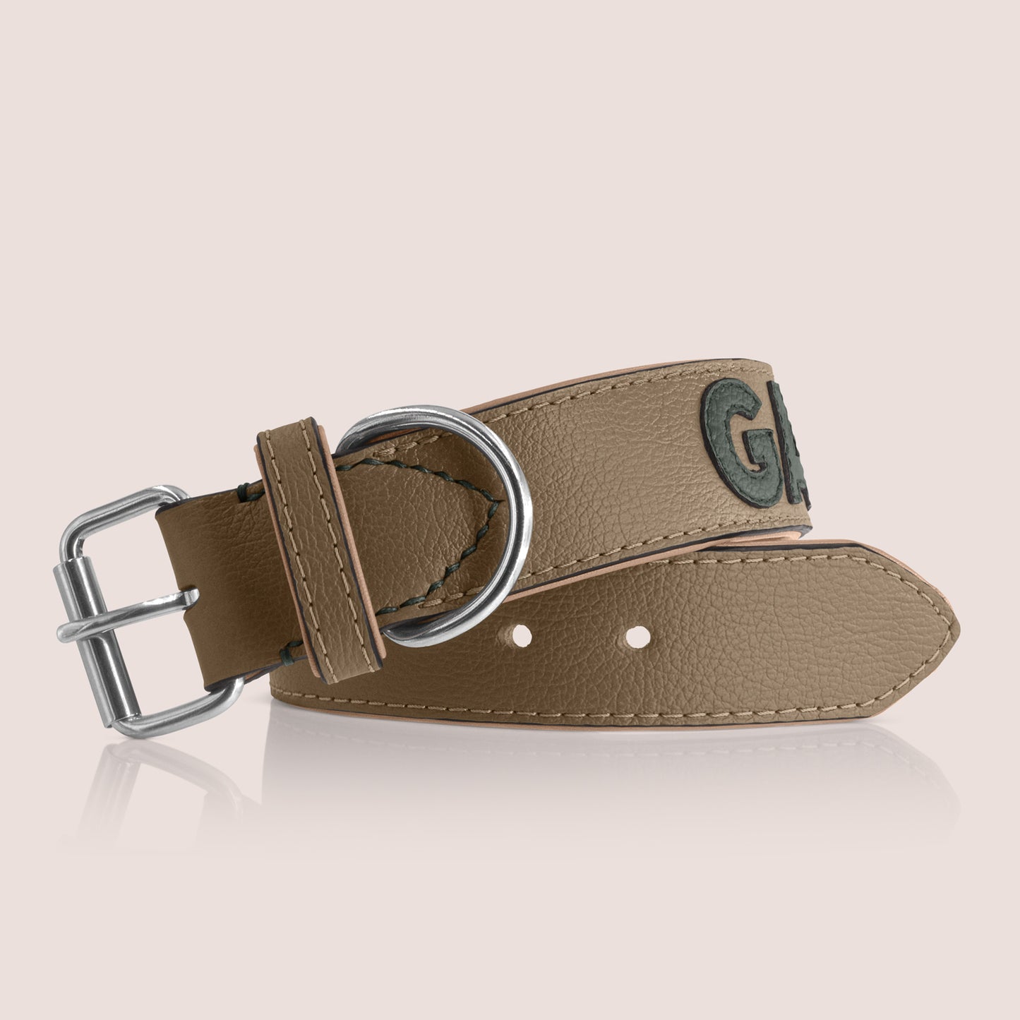 TONERL – Hundehalsband mit Namen aus Leder in Taupe - British-Racing-Green