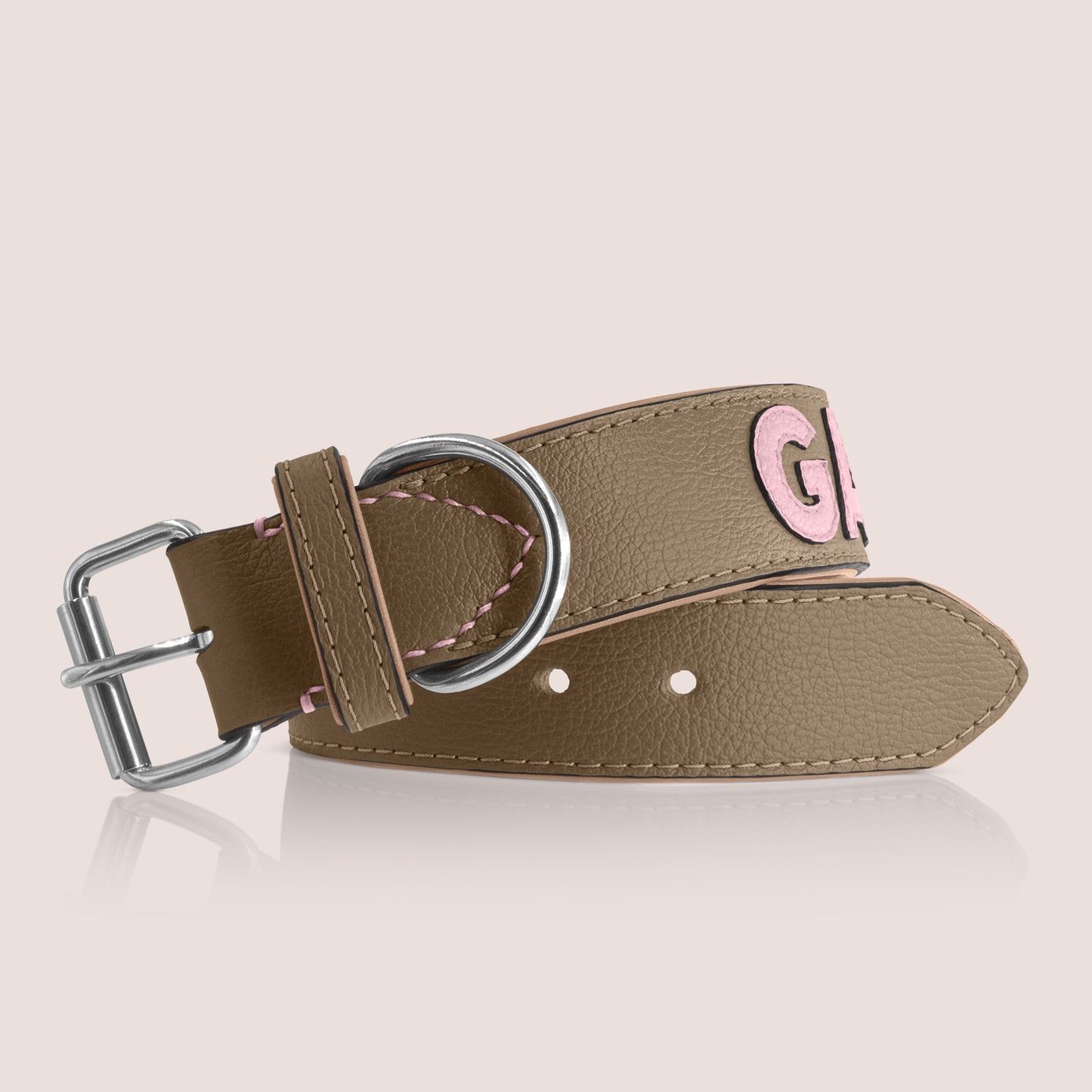 TONERL – Hundehalsband mit Namen aus Leder in Taupe - Rosé