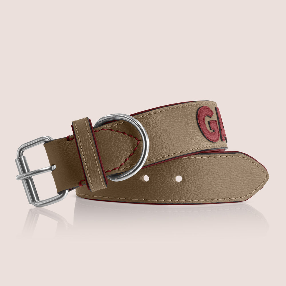 TONERL – Hundehalsband mit Namen aus Leder in Taupe - Rubinrot