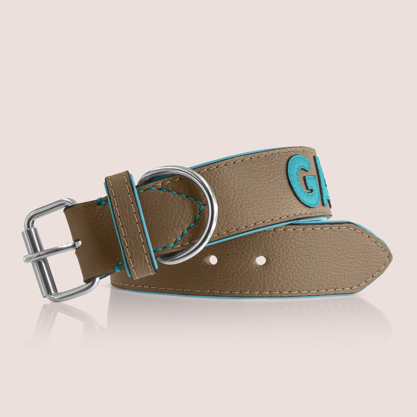 TONERL – Hundehalsband mit Namen aus Leder in Taupe - Türkis