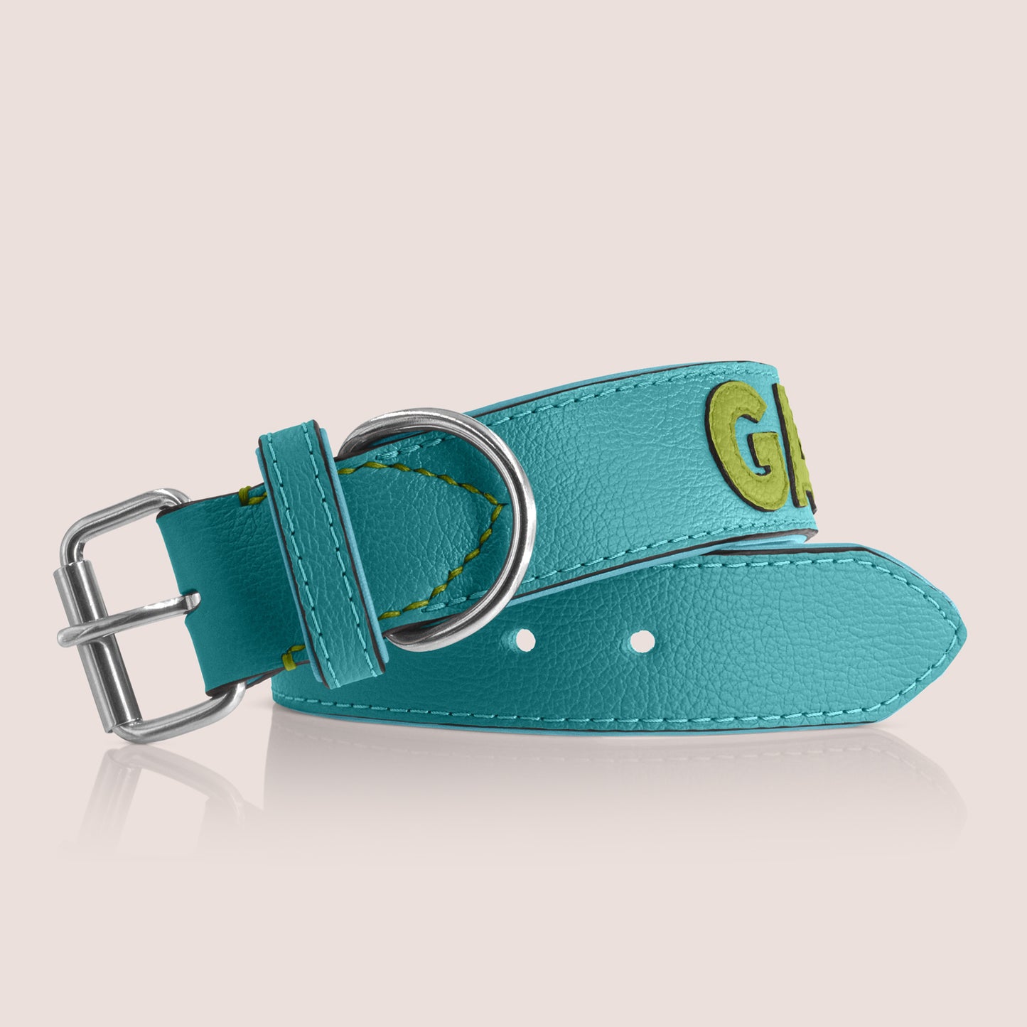 TONERL – Hundehalsband mit Namen aus Leder in Türkis - Oliv