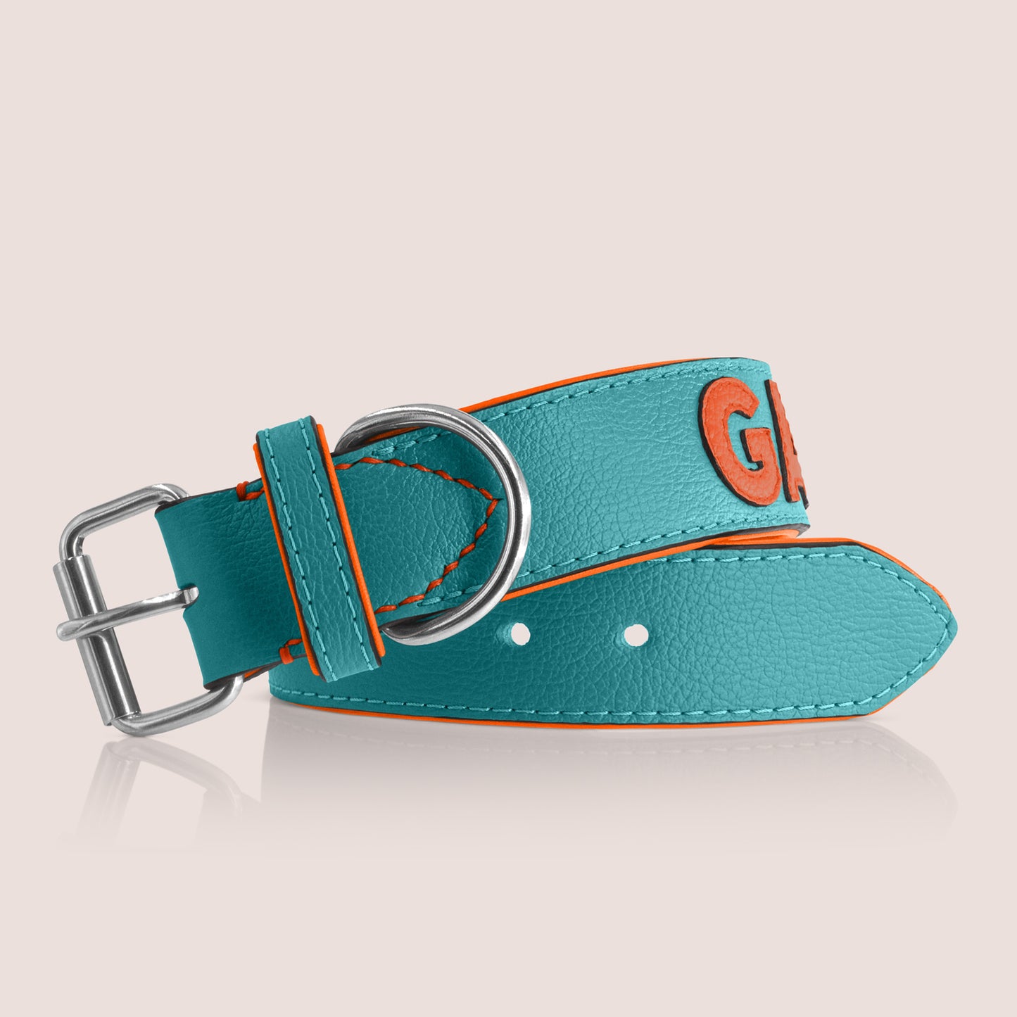 TONERL – Hundehalsband mit Namen aus Leder in Türkis - Orange