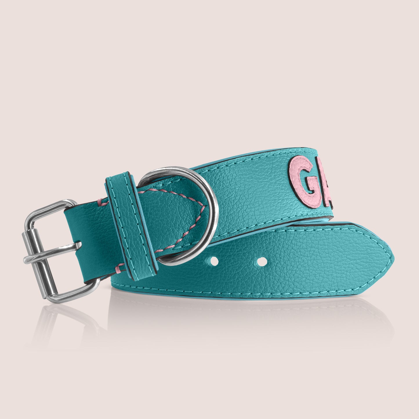 TONERL – Hundehalsband mit Namen aus Leder in Türkis - Rosé
