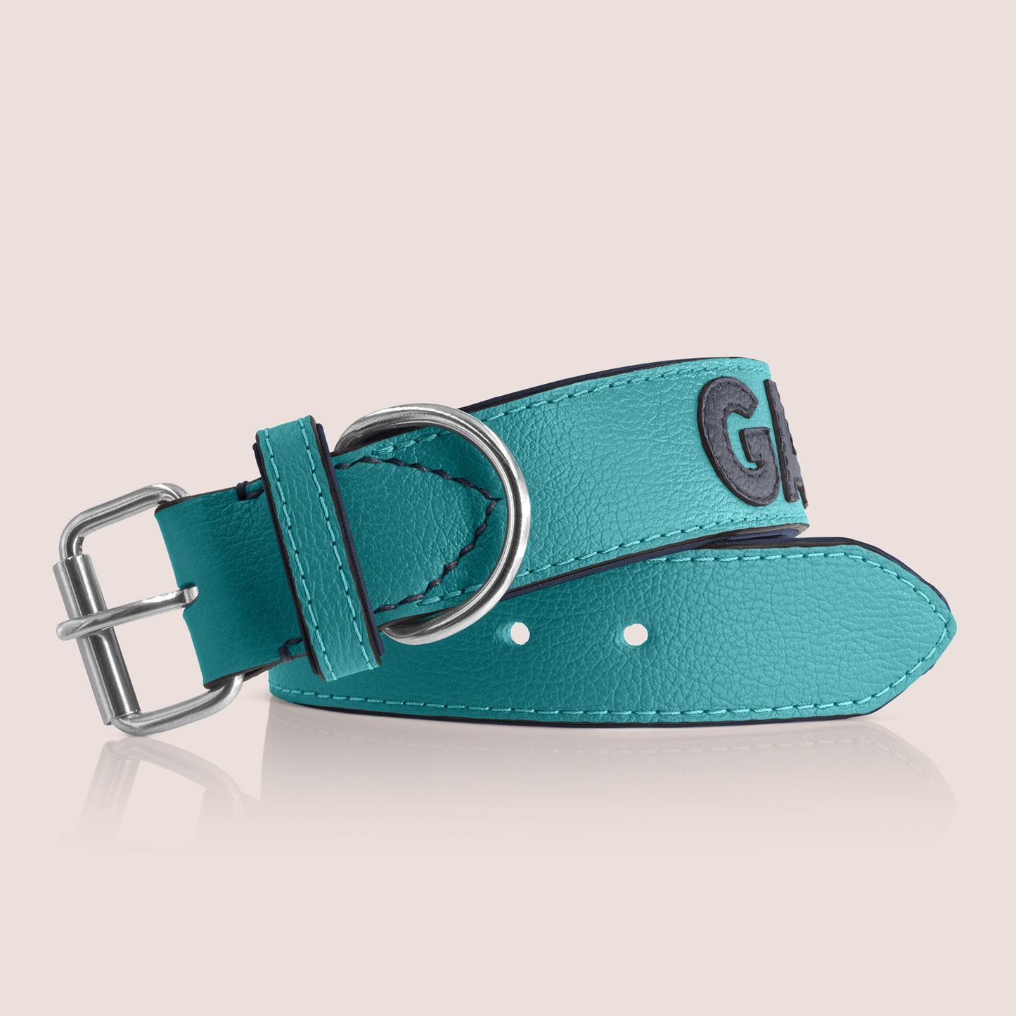 TONERL – Hundehalsband mit Namen aus Leder in Türkis - Blau