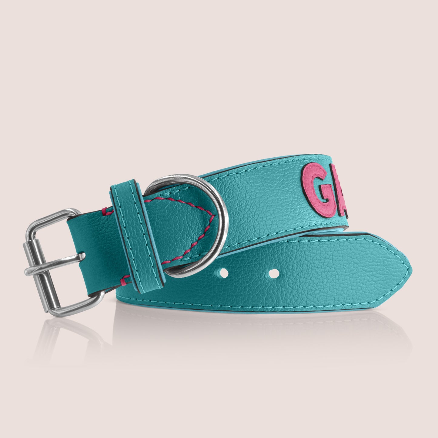 TONERL – Hundehalsband mit Namen aus Leder in Türkis - Soft-Pink
